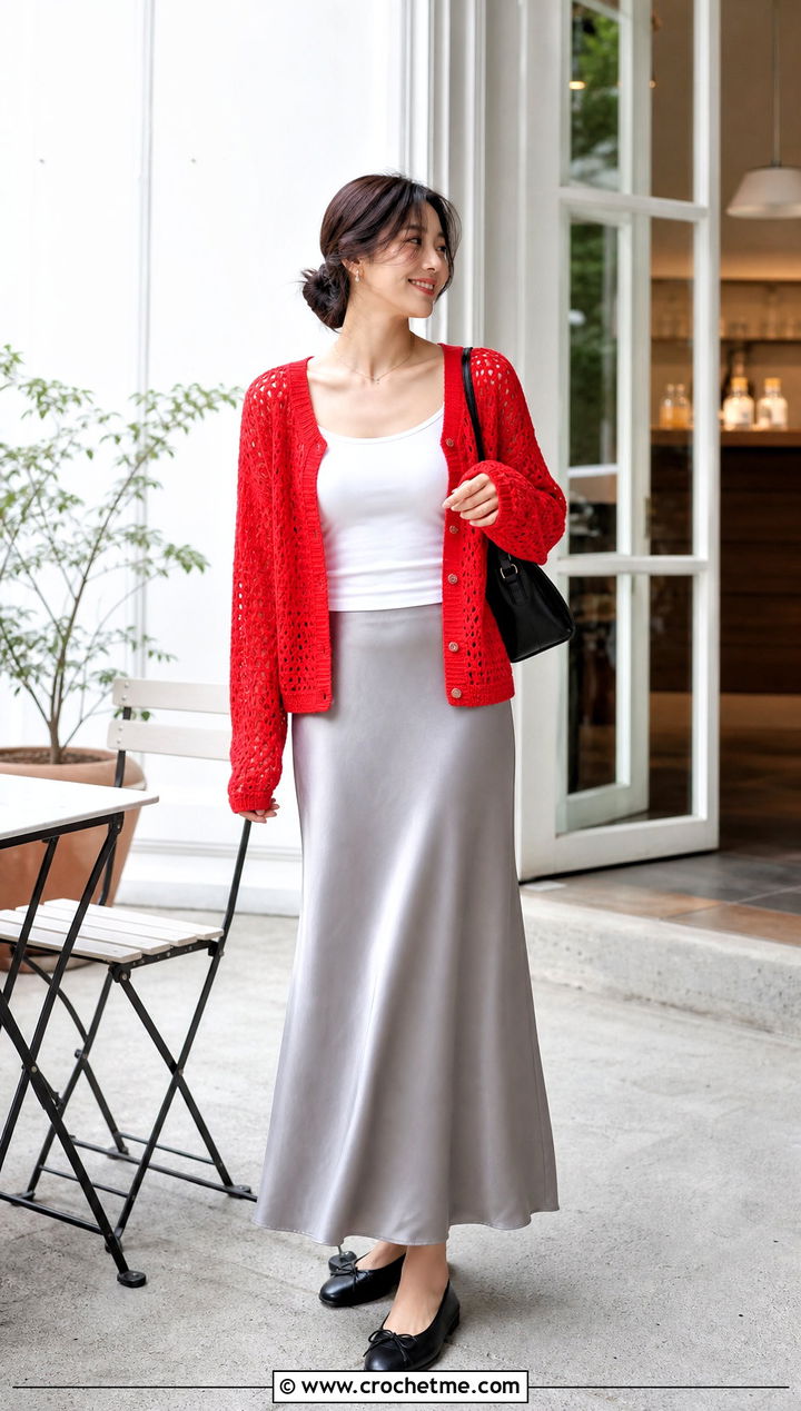 Crochet Cardigan With Slip Skirt - 30 korean crochet outfits ideas