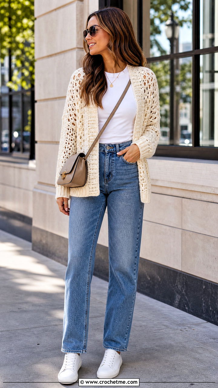 Crochet Cardigan With Straight Leg Jeans And Sneakers - 35 crochet cardigan outfit ideas