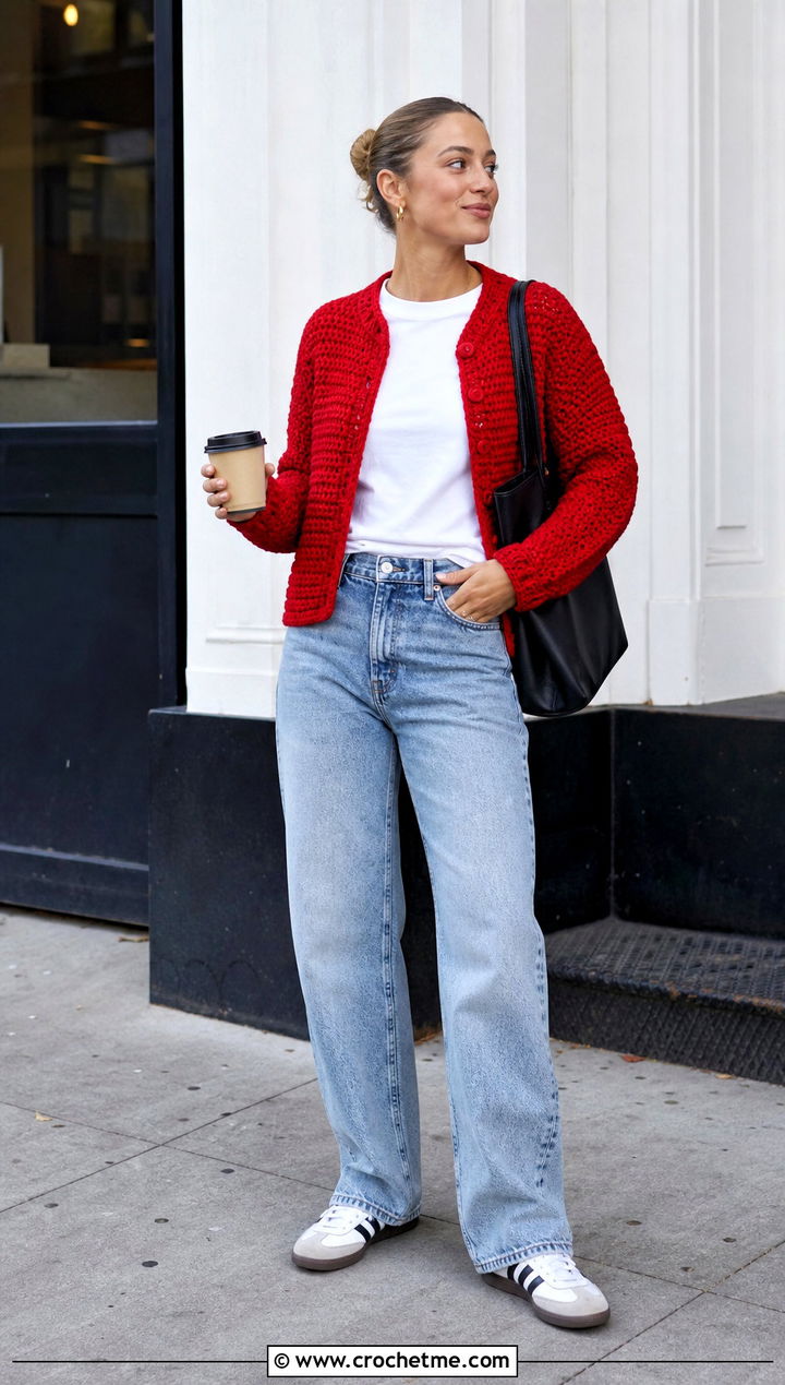 Crochet Cardigan With T Shirt And Relaxed Jeans - 25 Simple Crochet Clothes and outfit ideas