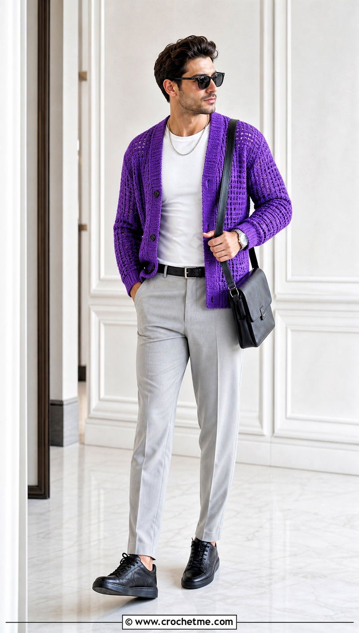 Crochet Cardigan With T Shirt And Tailored Pants - 15 men crochet clothes and outfit ideas