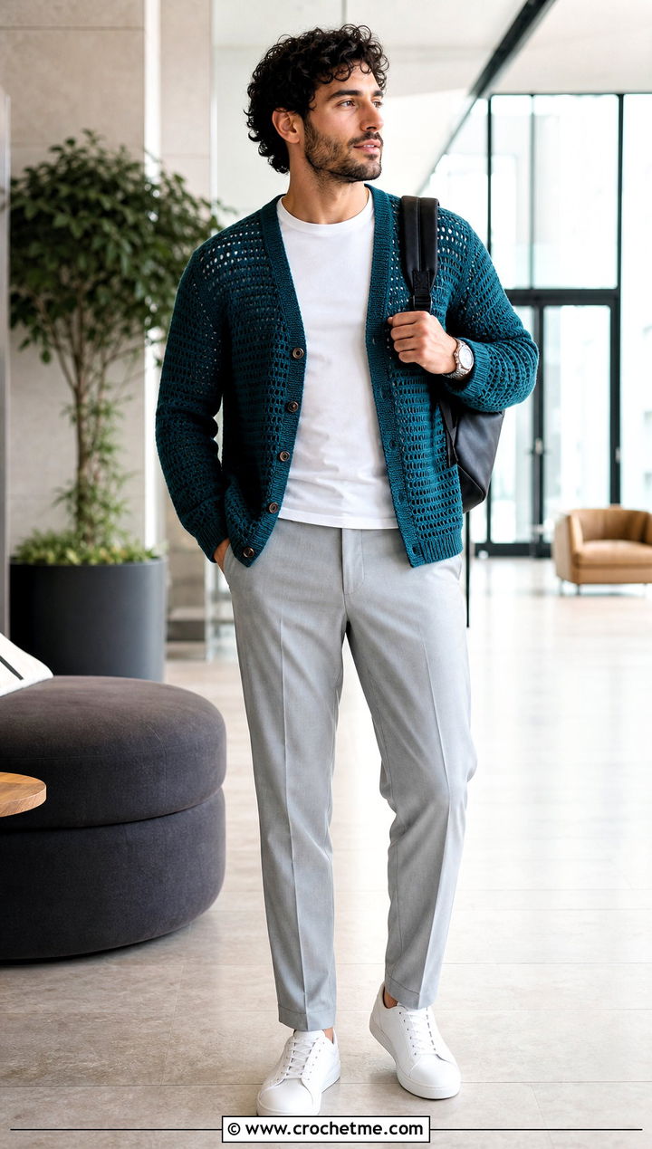 Crochet Cardigan With T Shirt And Tailored Pants - 35 crochet mens clothes and outfit ideas