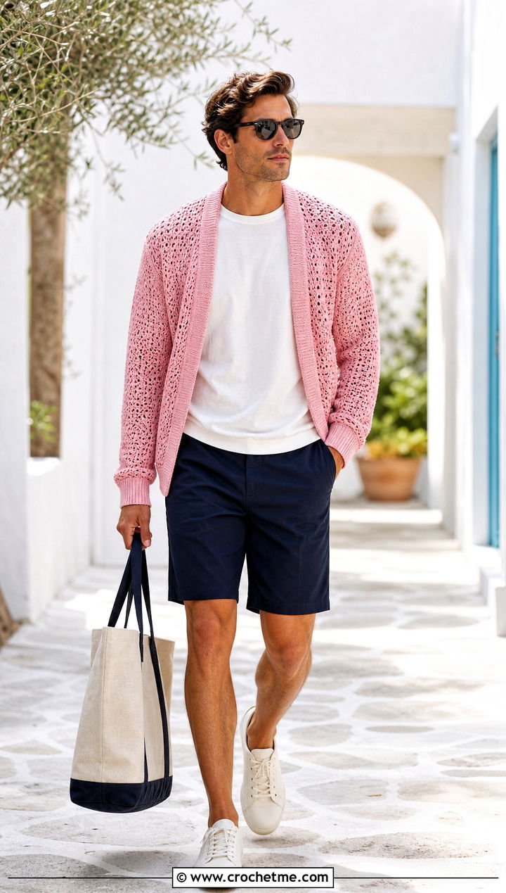 Crochet Cardigan With T Shirt And Tailored Shorts - 30 Mens Crochet Outfit ideas