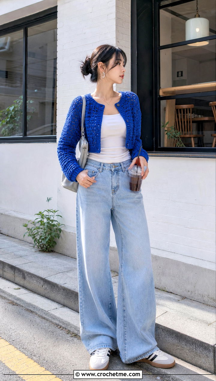 Crochet Cardigan With Wide Leg Jeans - 30 korean crochet outfits ideas