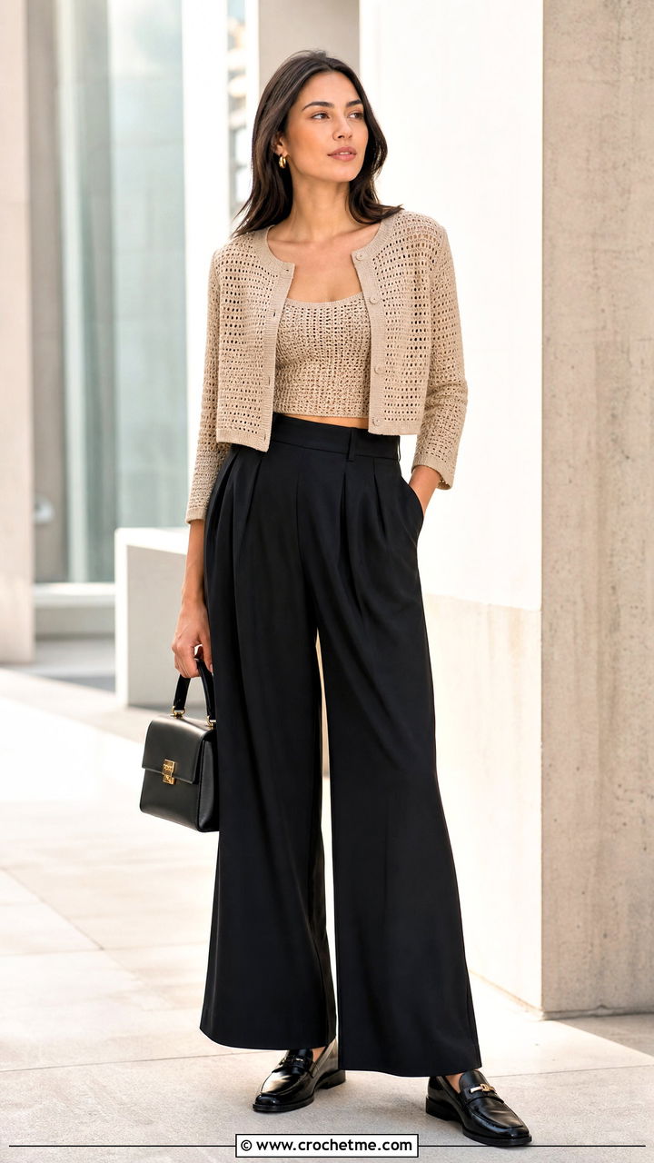 Crochet Cardigan With Wide Leg Trousers And Loafers - 35 crochet cardigan outfit ideas