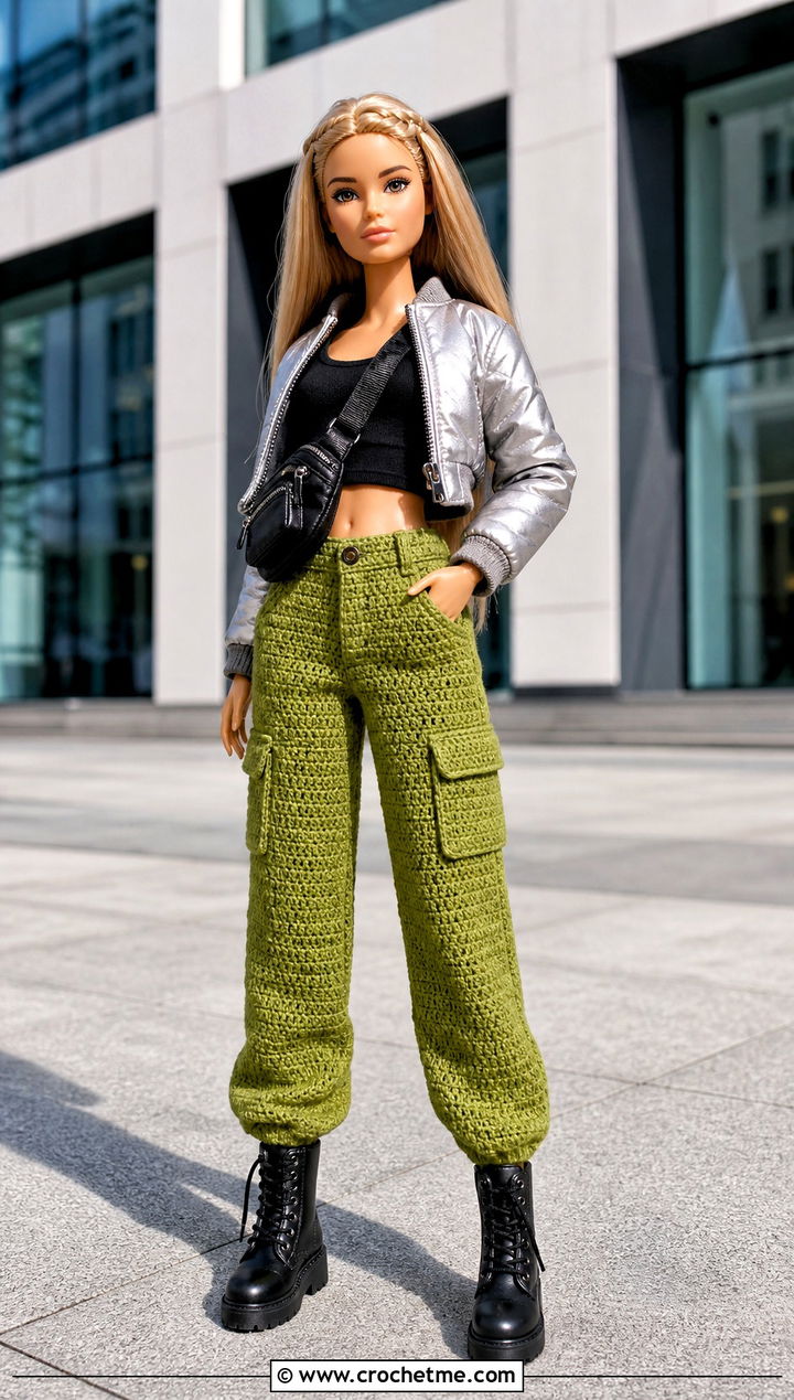 Crochet Cargo Doll Pants With Bomber Jacket - 25 Crochet Pants For Dolls outfit ideas