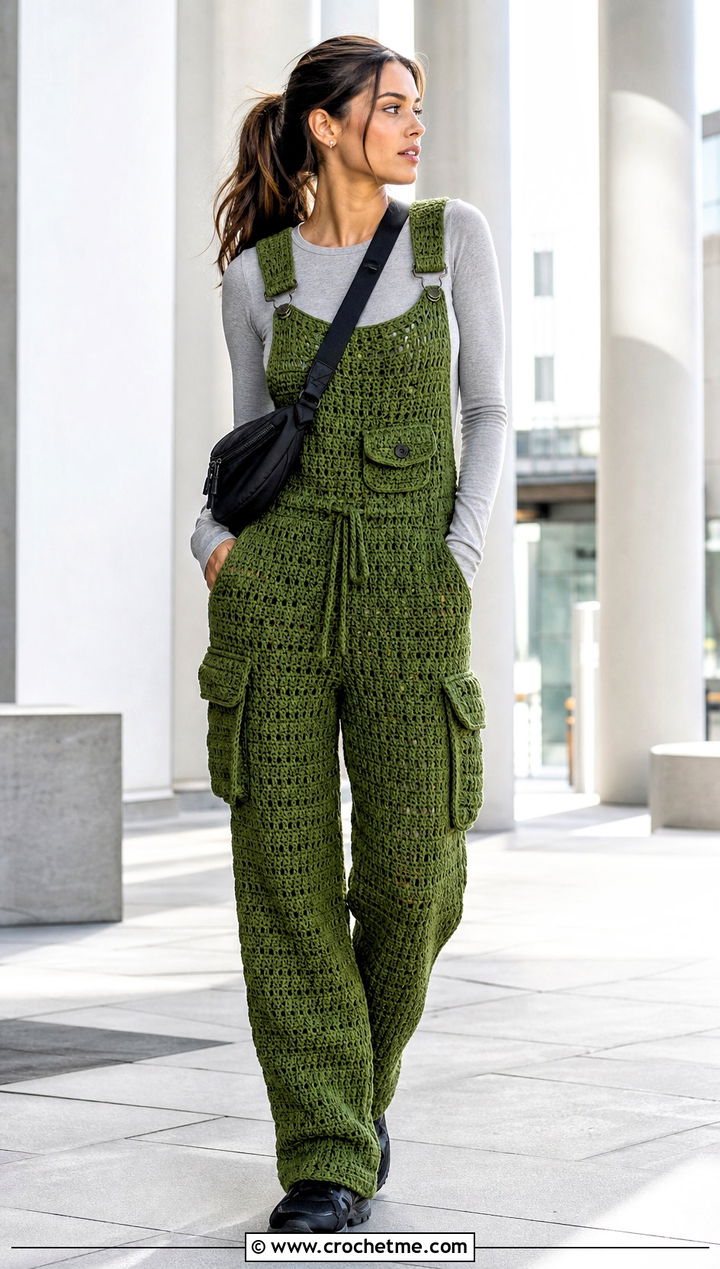 Crochet Cargo Dungarees With Long Sleeve Jersey Top - 30 crochet dungarees outfit ideas