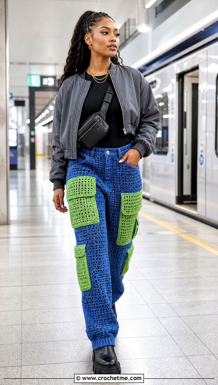 Crochet Cargo Jeans With Ribbed Bodysuit - 30 crochet denim pants outfit ideas