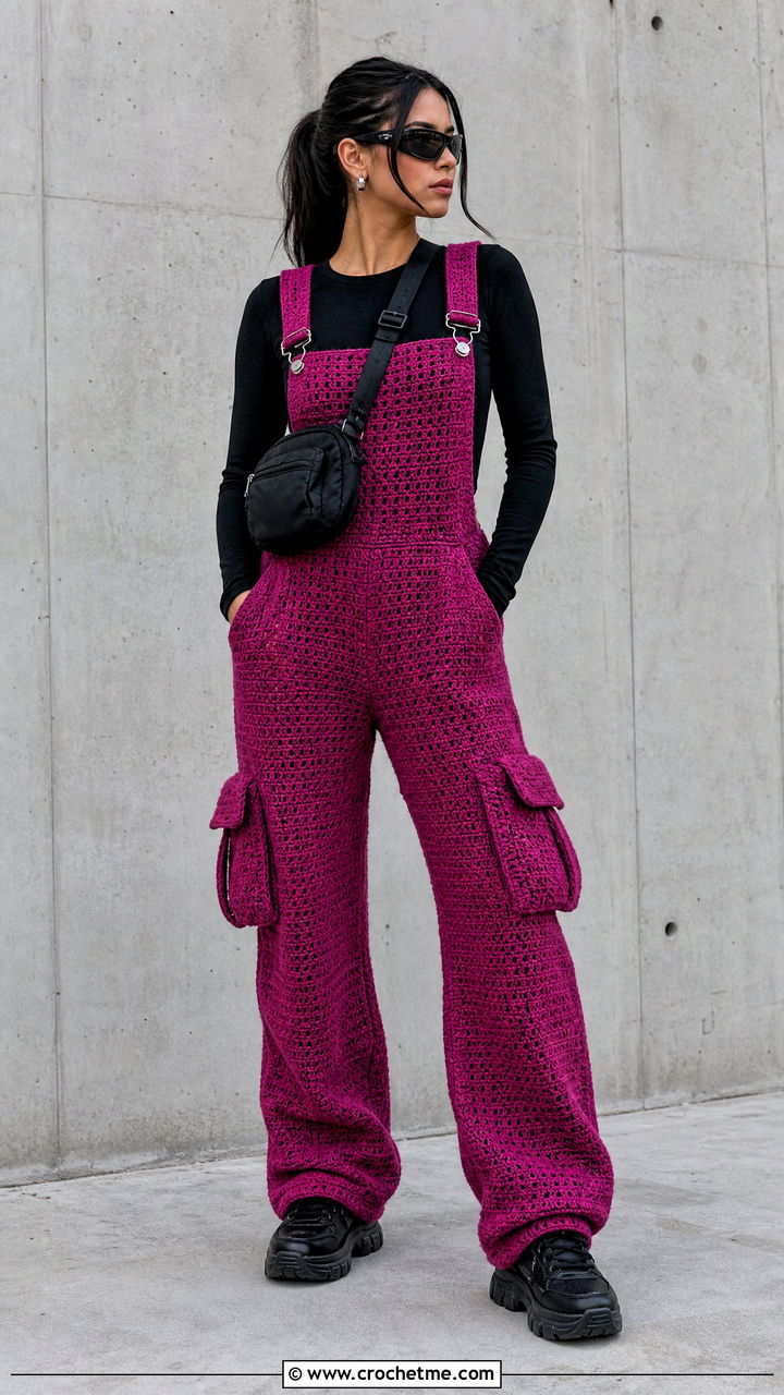 Crochet Cargo Overalls With Long Sleeve Top - 35 crochet overalls outfit ideas