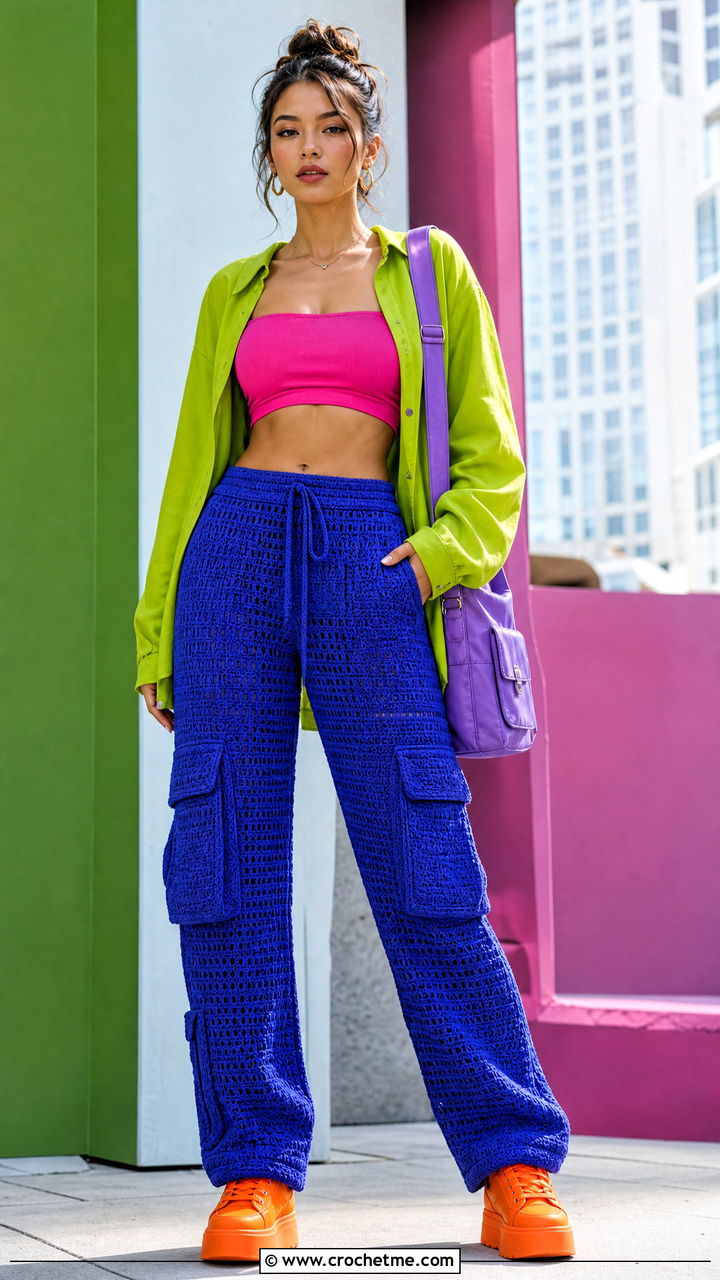 Crochet Cargo Pants With Bandeau And Overshirt - 35 crochet pants outfit ideas
