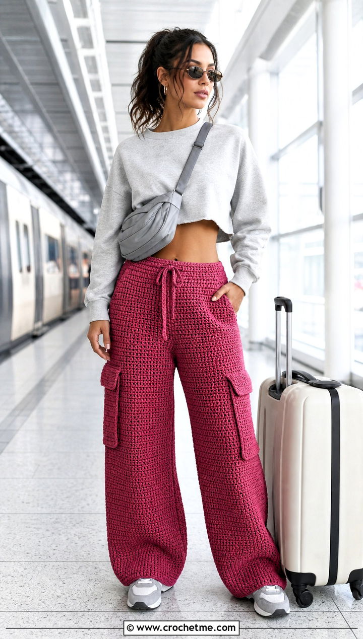 Crochet Cargo Pants With Cropped Sweatshirt - 25 colorful crochet pants outfit ideas