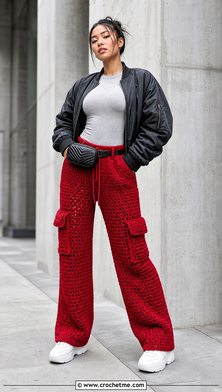 Crochet Cargo Pants With Fitted Bodysuit - 30 Crochet Pant Outfit ideas
