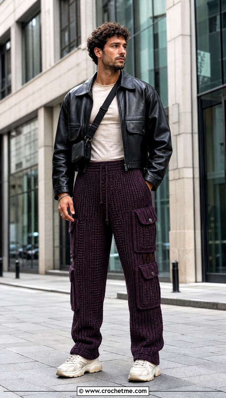 Crochet Cargo Pants With Leather Jacket - 15 crochet men pants outfit ideas