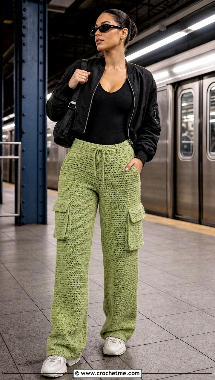 Crochet Cargo Pants With Ribbed Bodysuit - 20 crochet pants women outfit ideas
