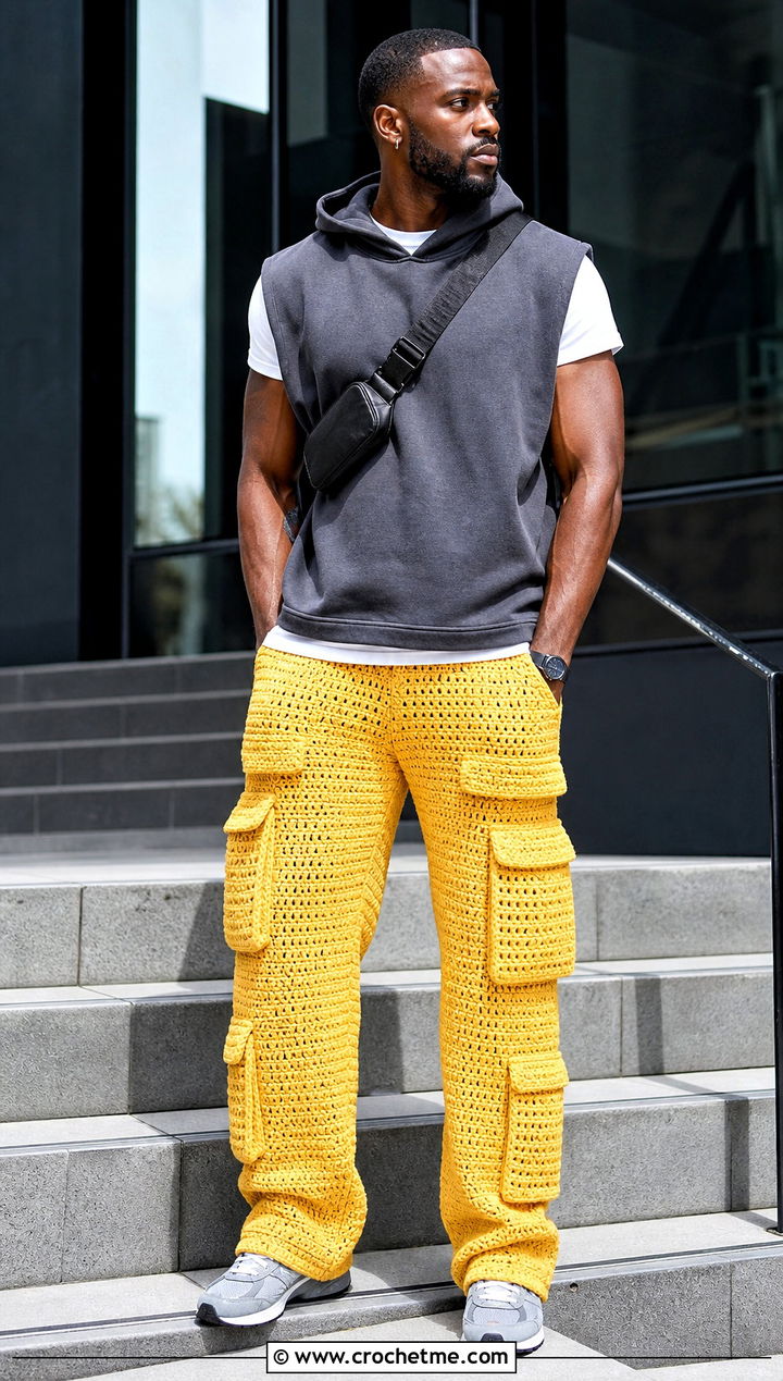 Crochet Cargo Pants With Sleeveless Sweatshirt - 35 crochet pants men outfit ideas