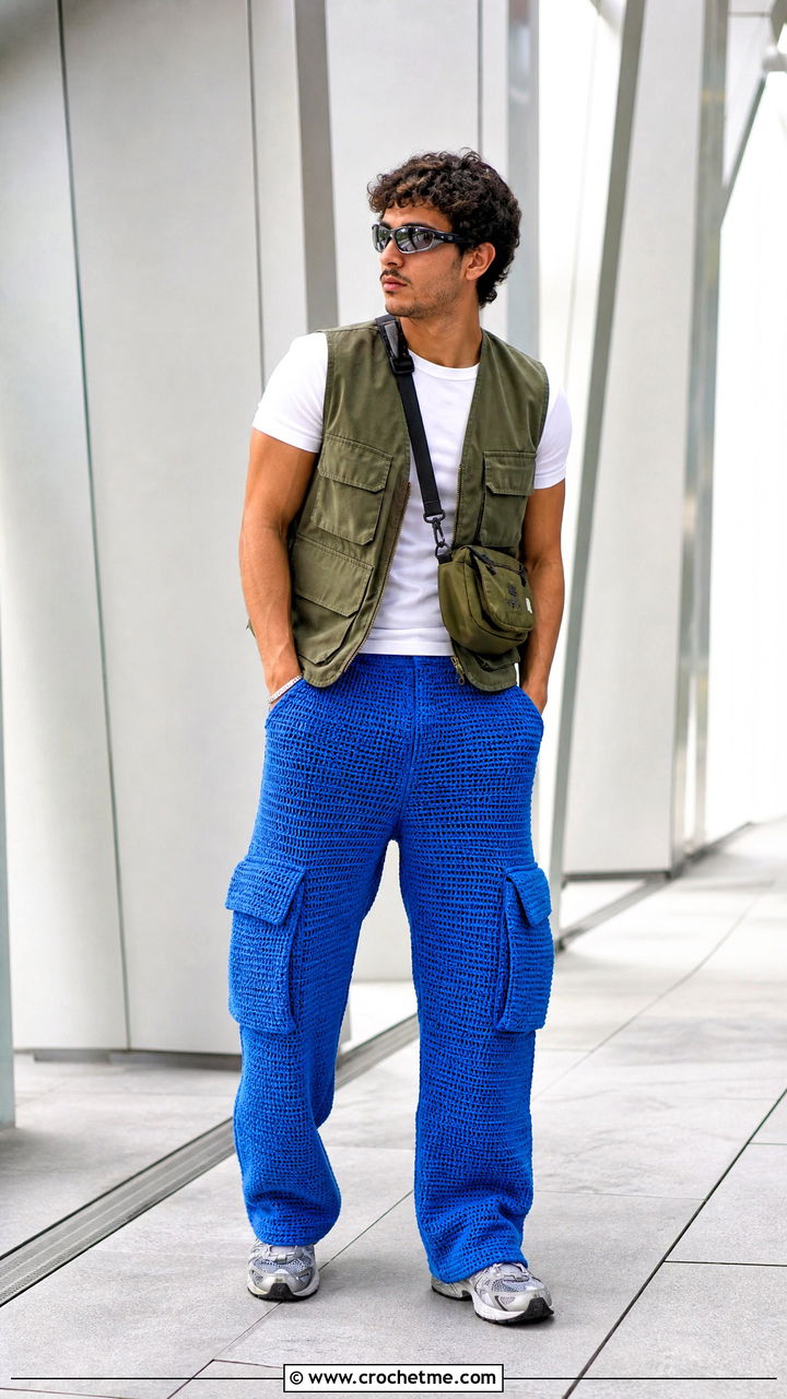 Crochet Cargo Pants With Utility Vest - 35 crochet clothes for men outfit ideas