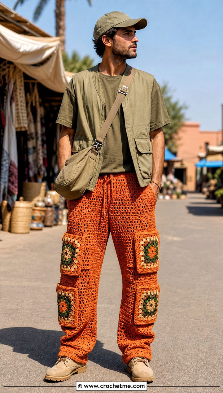 Crochet Cargo Pants With Utility Vest - 30 mens crochet pants outfit ideas