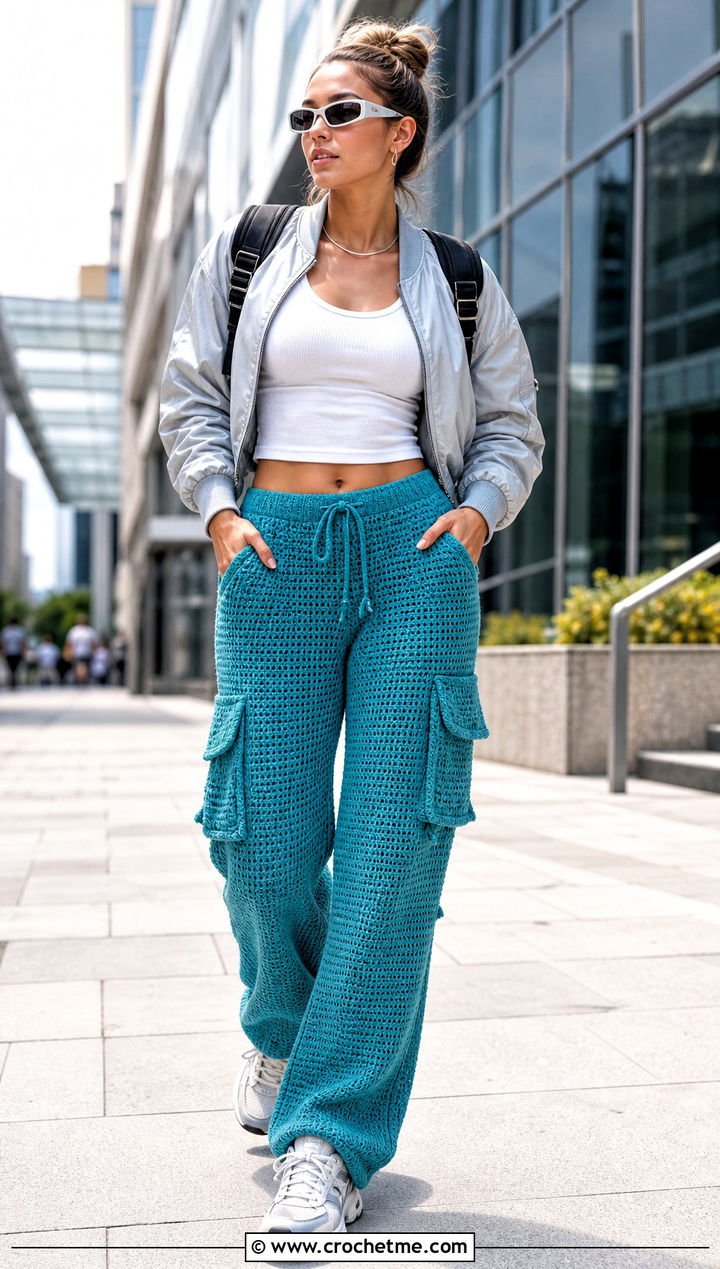 Crochet Cargo Yoga Pants With Tank Top And Bomber Jacket - 15 Crochet Yoga Pants outfit ideas