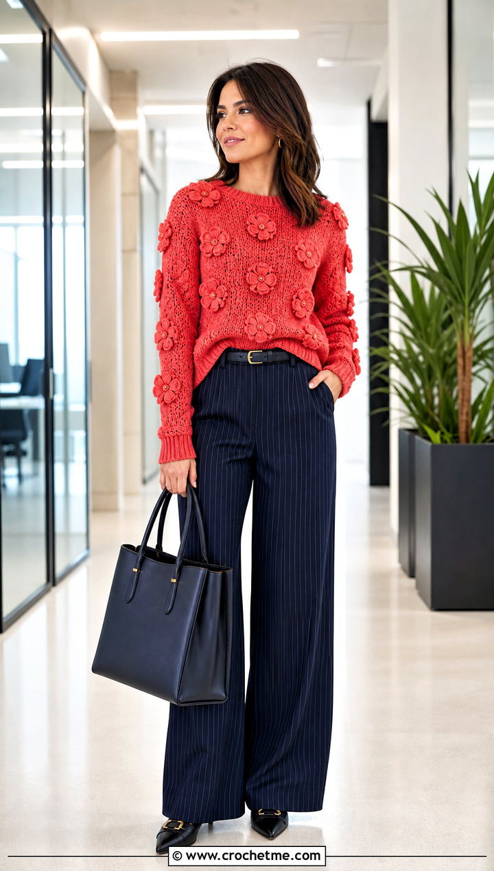Crochet Carnation Sweater With Pinstripe Pants - 30 crochet flowers on sweater outfit ideas