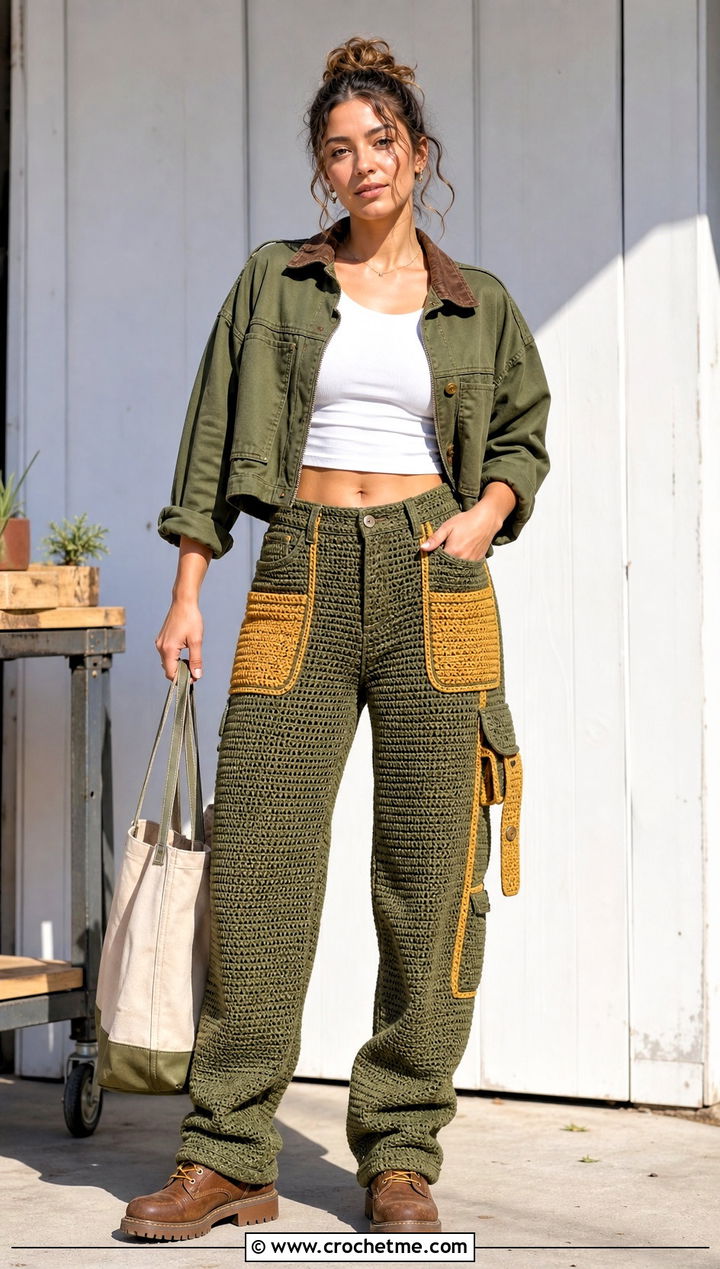 Crochet Carpenter Jeans With Utility Jacket - 30 crochet denim pants outfit ideas