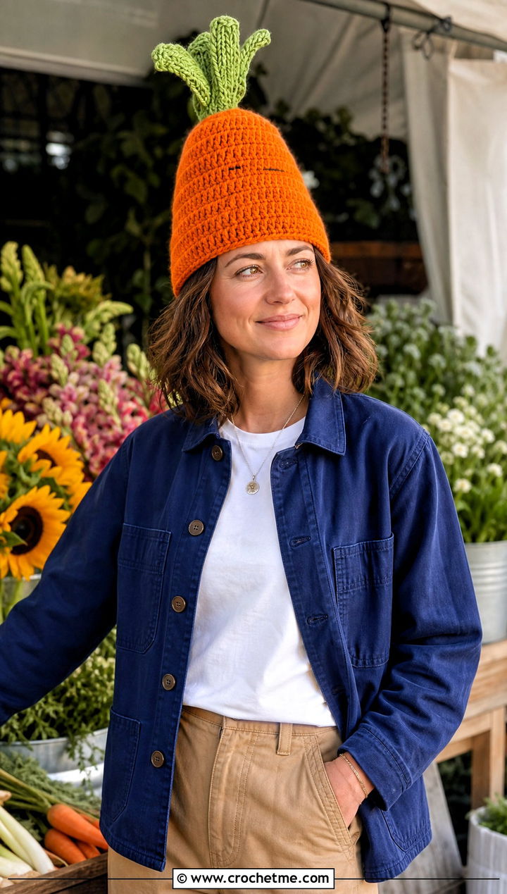 Crochet Carrot Hat With Chore Jacket And Canvas Pants - 25 Crochet Silly Hats outfit ideas