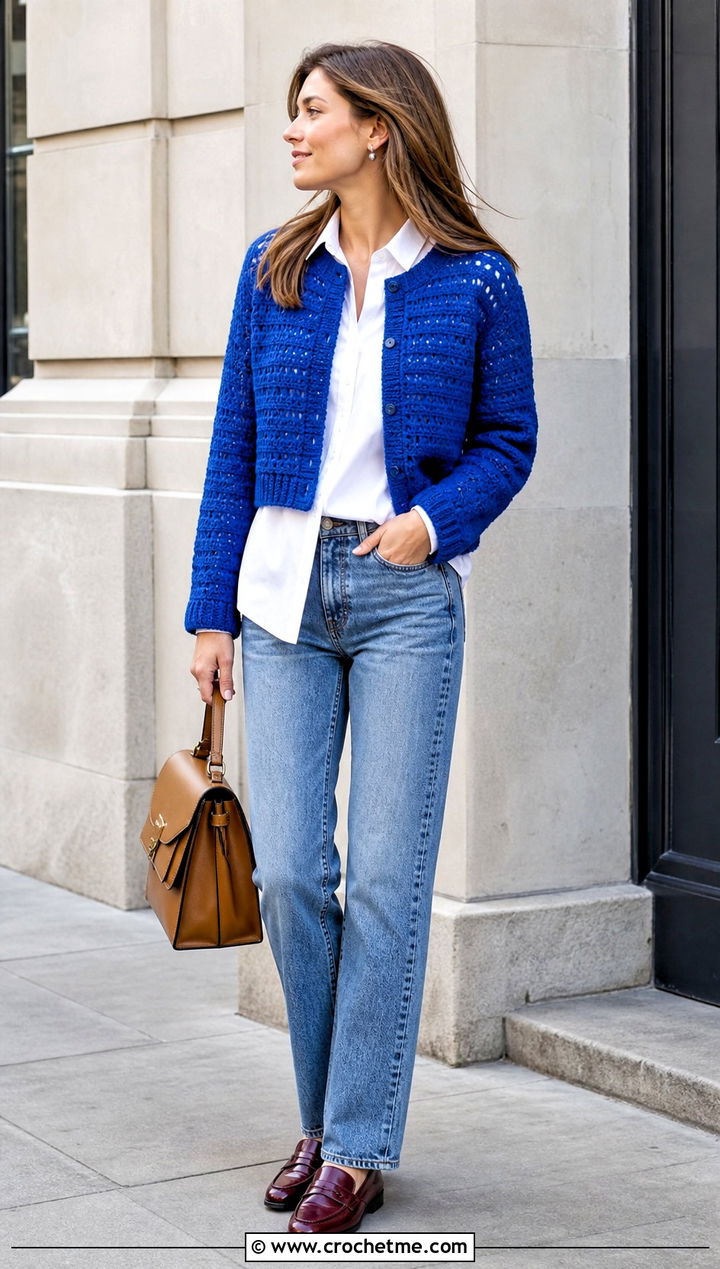 Crochet Cashmere Cardigan Sweater With White Shirt And Jeans - 30 crochet cashmere sweater outfit ideas