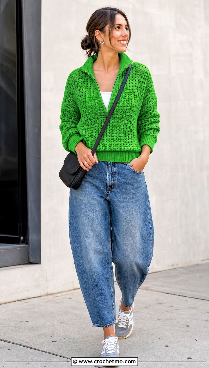 Crochet Cashmere Quarter Zip Sweater With Barrel Jeans - 30 crochet cashmere sweater outfit ideas