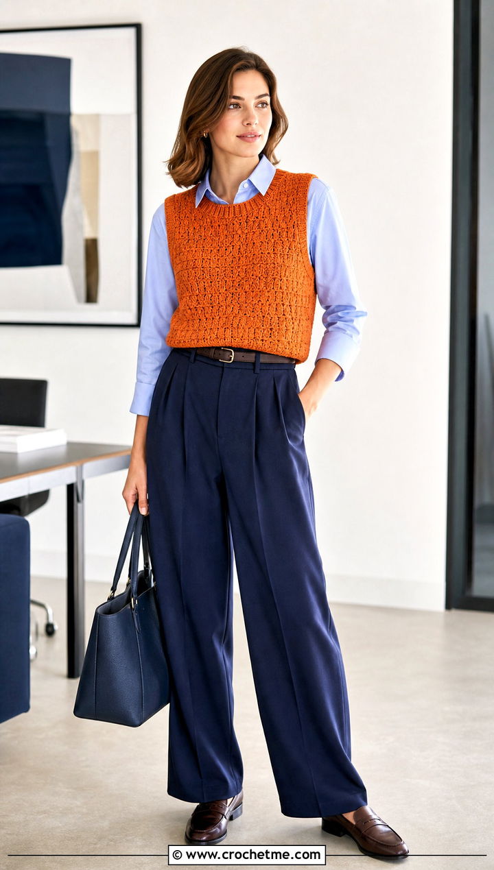 Crochet Cashmere Sweater Vest With Poplin Shirt And Trousers - 30 crochet cashmere sweater outfit ideas
