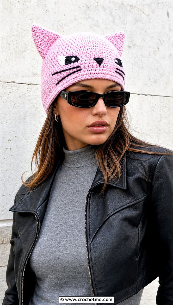 Crochet Cat Amigurumi Hat With Leather Jacket - 30 crochet amigurumi hat outfit ideas