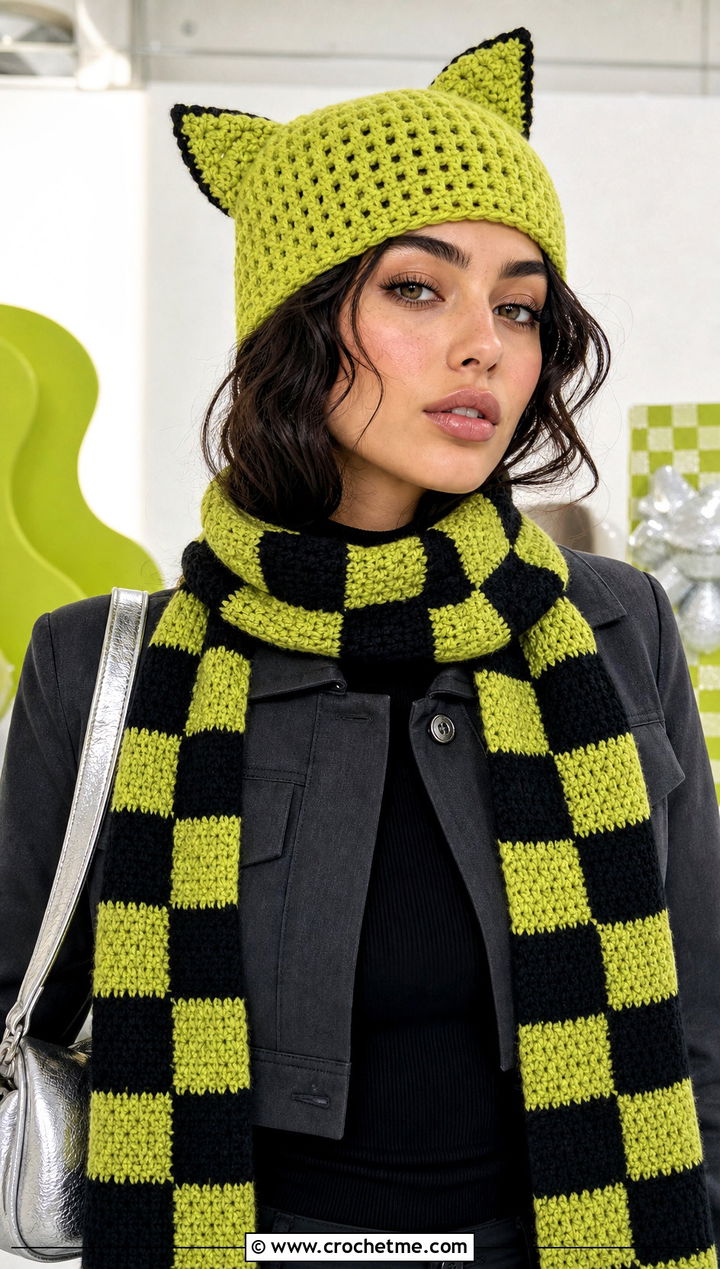 Crochet Cat Ear Beanie And Checkerboard Scarf With Mini Skirt - 25 crochet scarf hat combo outfit ideas