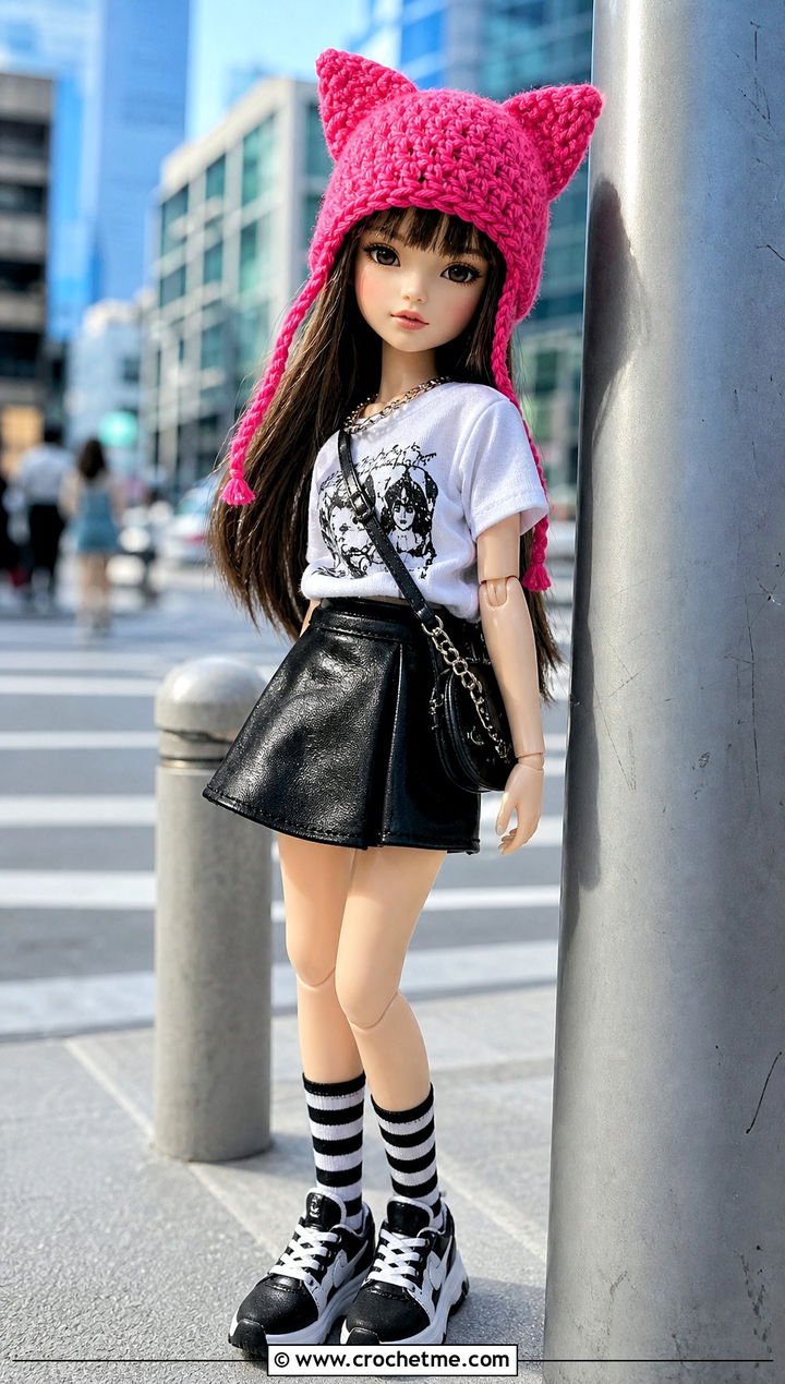 Crochet Cat Ear Beanie With Graphic Tee And Faux Leather Skirt - 35 crochet hat for doll outfit ideas