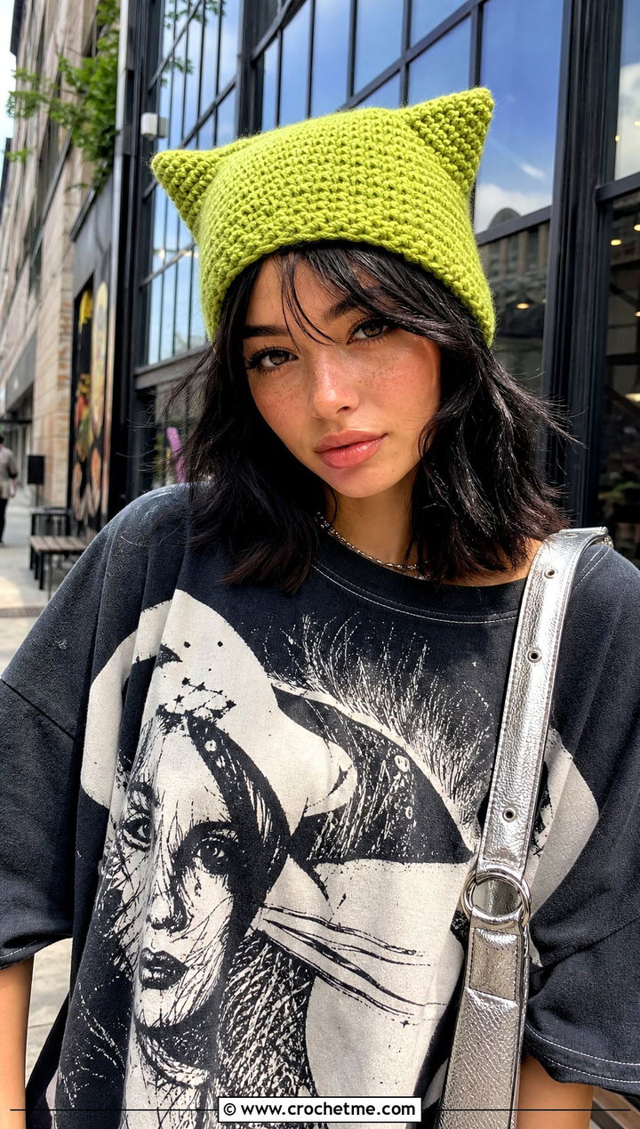 Crochet Cat Ear Beanie With Graphic Tee - 25 crochet hat for beginners outfit ideas