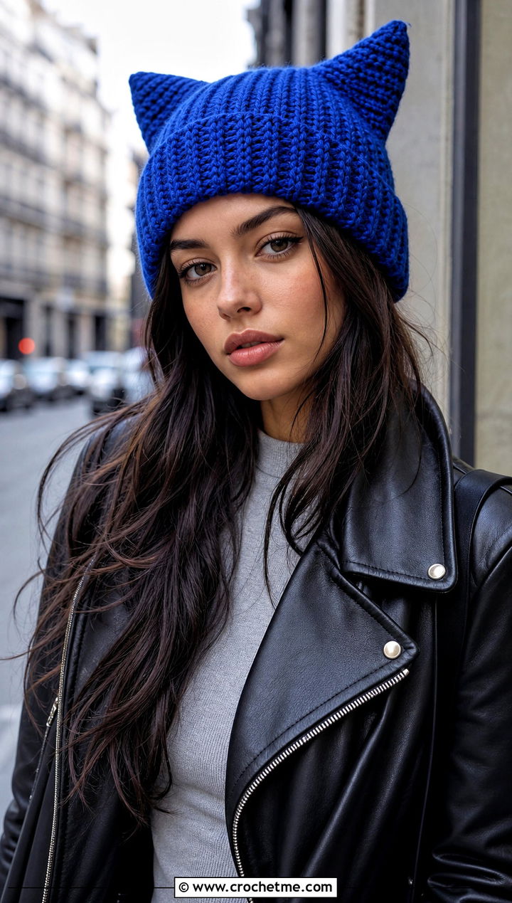 Crochet Cat Ear Beanie With Leather Jacket - 20 Crochet Character Hat outfit ideas