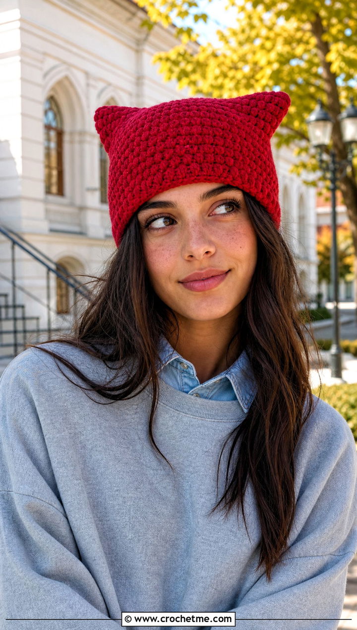 Crochet Cat Ear Beanie With Oversized Sweatshirt - 30 aesthetic crochet hat ideas