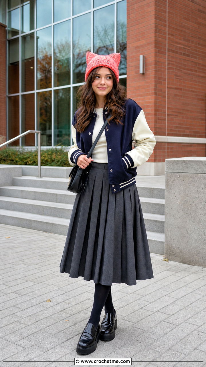 Crochet Cat Ear Beanie With Varsity Jacket And Pleated Skirt - 35 crochet winter hat outfit ideas