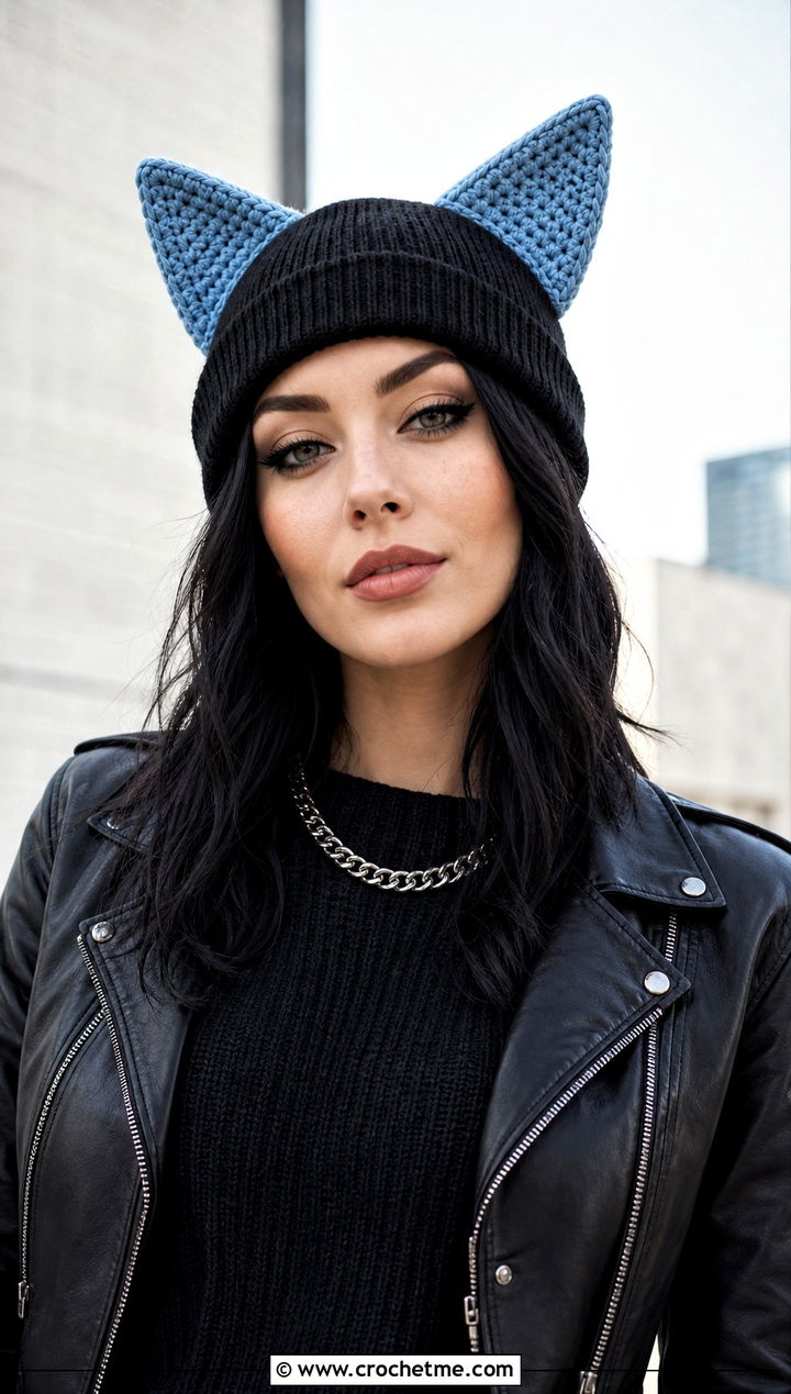 Crochet Cat Ear Hat Topper With Leather Jacket Outfit - 20 Crochet Hat Toppers Ideas