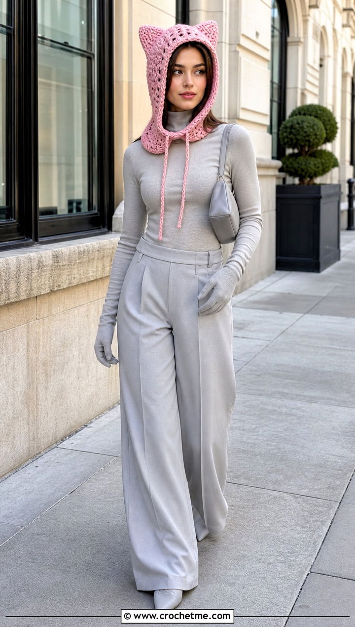Crochet Cat Ear Hood Costume With Monochrome Separates - 15 Crochet Costume outfit ideas