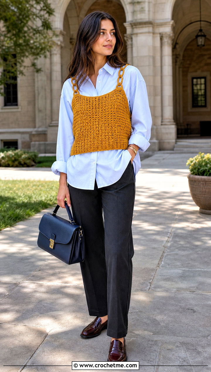 Crochet Chain Shoulder Vest With Poplin Shirt - 20 Crochet Top With Chain outfit ideas