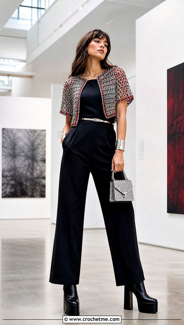 Crochet Chainmail Shrug With Black Jumpsuit - 25 Fantasy Crochet Clothing and outfit ideas