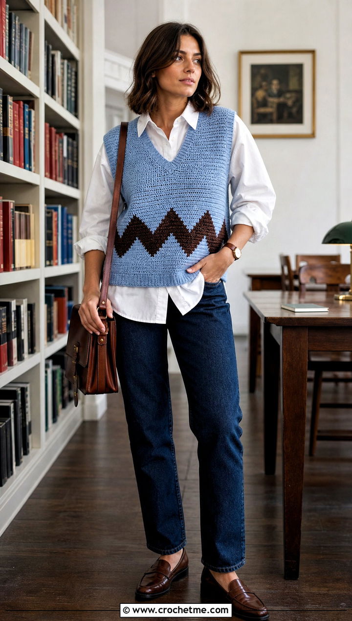 Crochet Charlie Brown Sweater Vest With Button Down And Jeans - 15 Crochet Charlie Brown Sweater outfit ideas