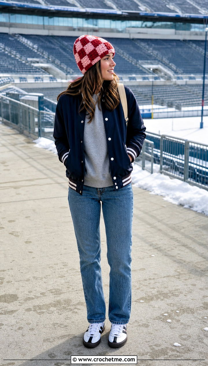Crochet Checkerboard Beanie With Varsity Jacket - 35 Crochet Hat Inspo outfit ideas