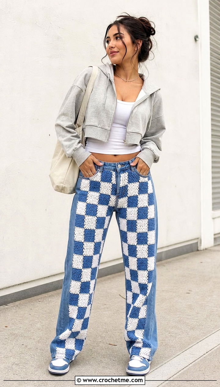 Crochet Checkerboard Jeans With Zip Up Hoodie - 30 crochet denim pants outfit ideas