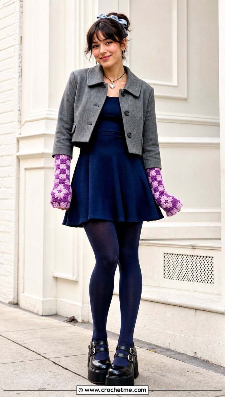 Crochet Checkerboard Star Gloves With Skater Dress - 35 crochet star gloves outfit ideas