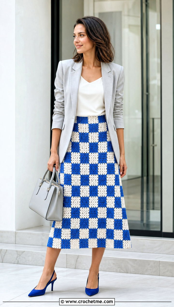 Crochet Checkered A Line Skirt With Tailored Blazer - 25 crochet checkered skirt outfit ideas