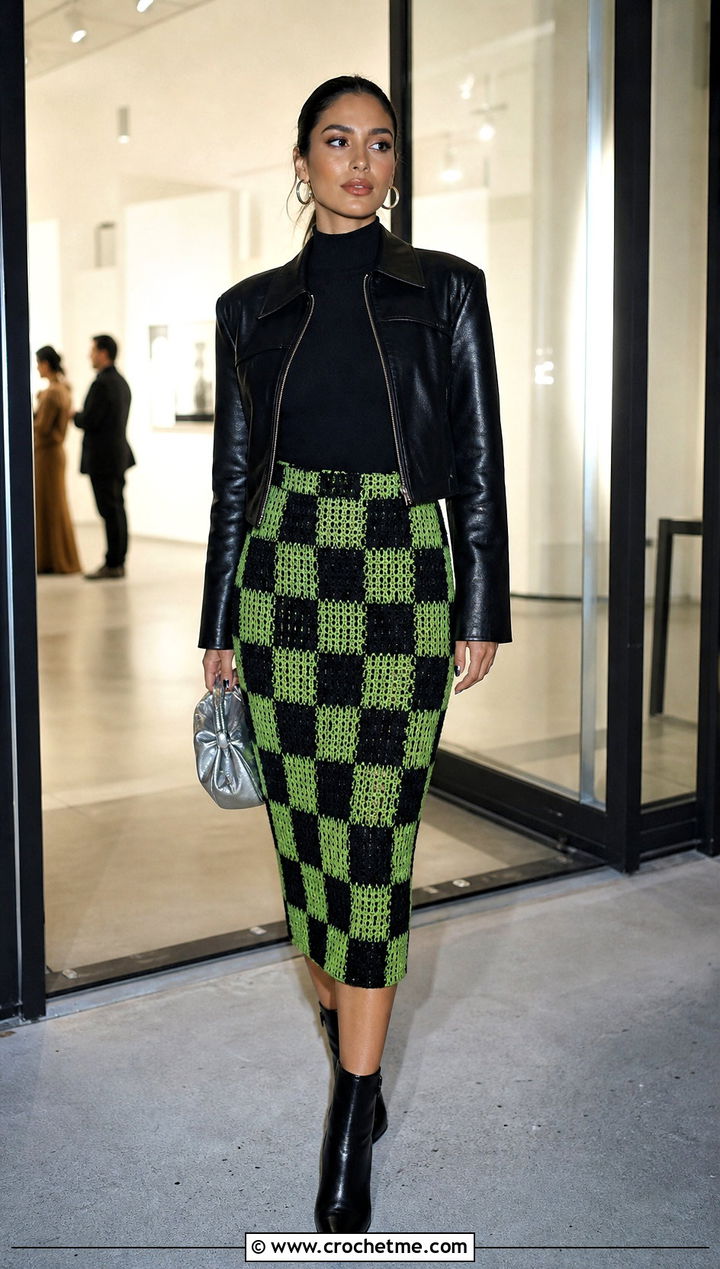 Crochet Checkered Bodycon Skirt With Leather Jacket - 25 crochet checkered skirt outfit ideas