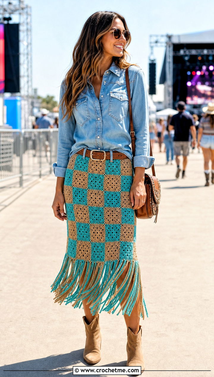 Crochet Checkered Fringe Skirt With Western Shirt - 25 crochet checkered skirt outfit ideas