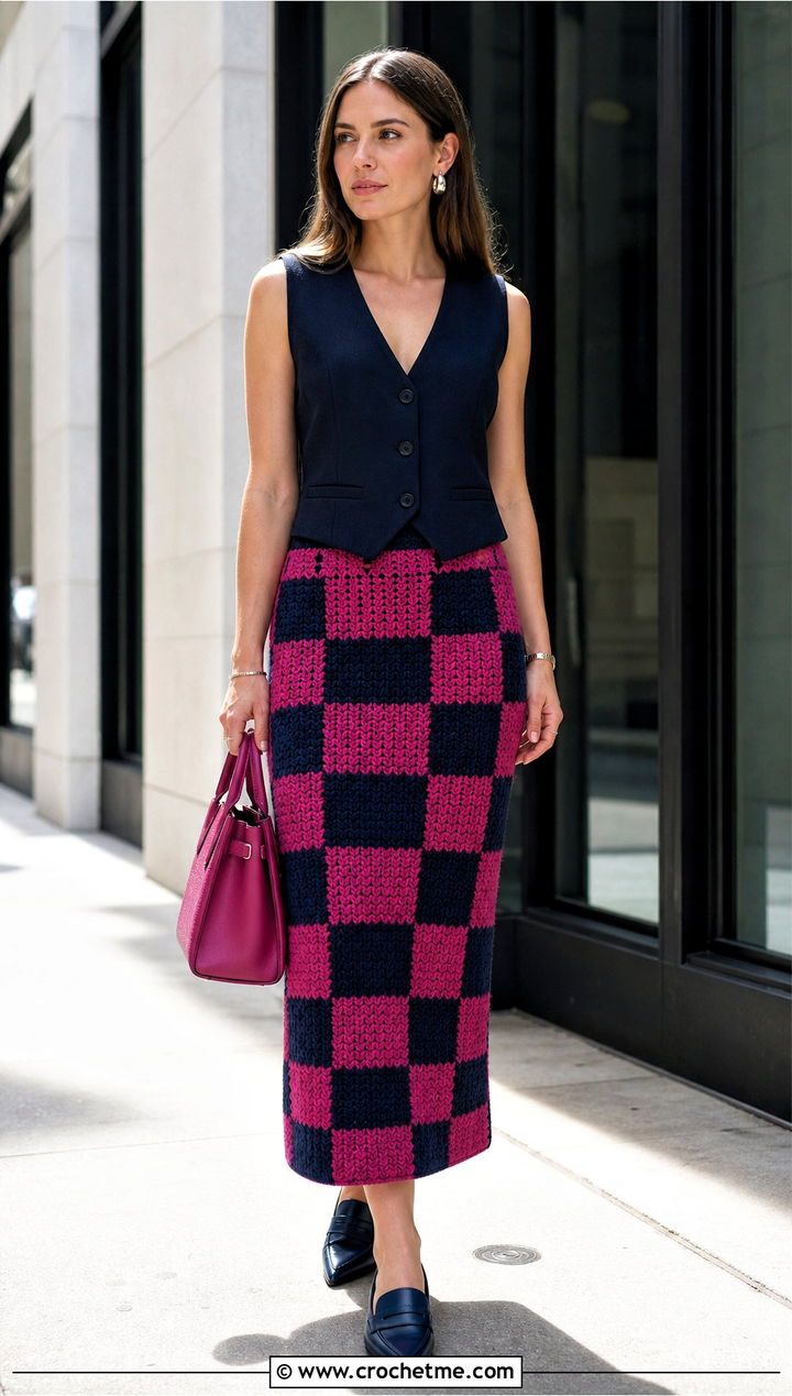 Crochet Checkered High Waisted Skirt With Waistcoat - 25 crochet checkered skirt outfit ideas