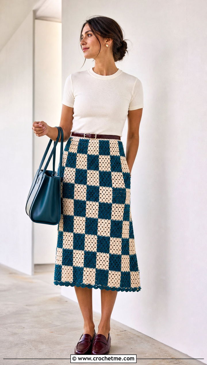 Crochet Checkered Midi Skirt With Fitted T Shirt - 25 crochet checkered skirt outfit ideas