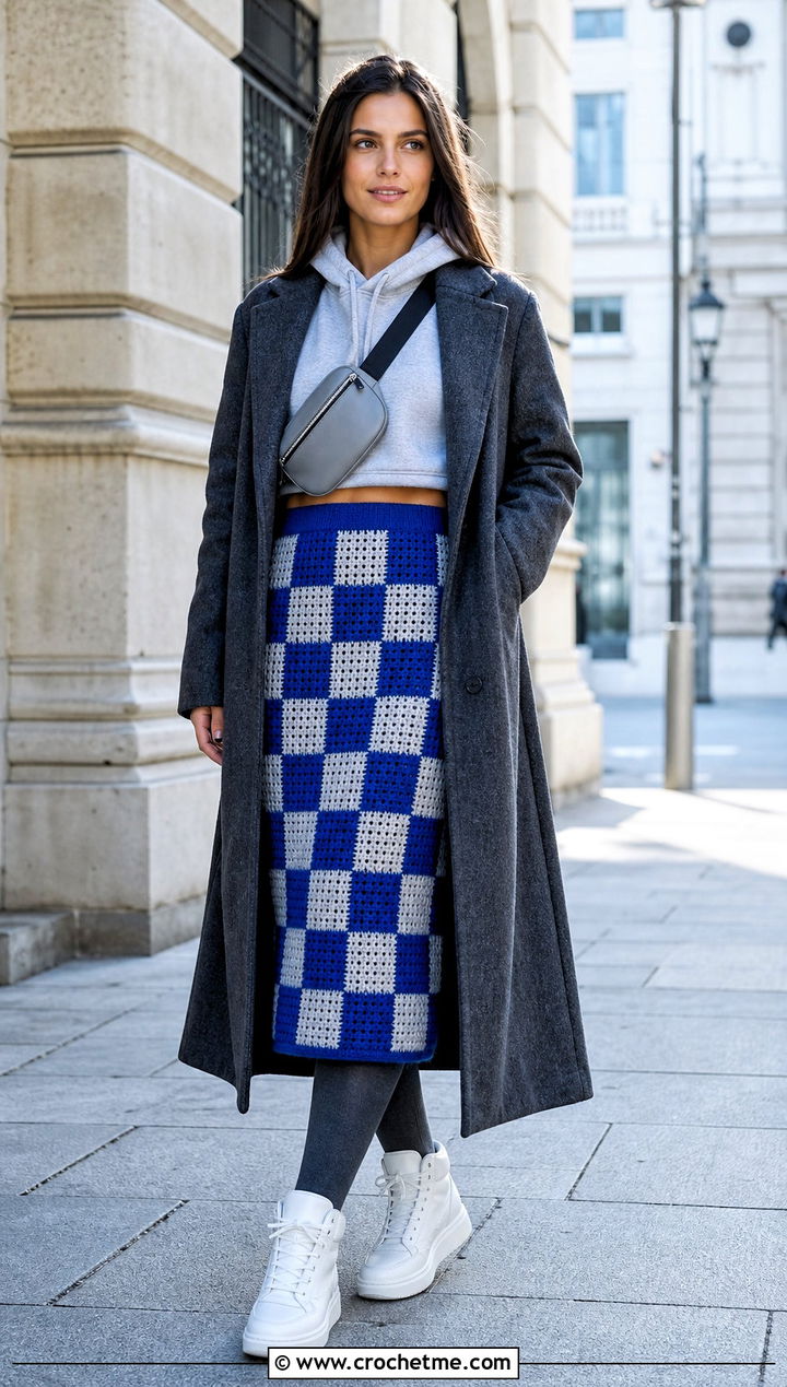 Crochet Checkered Midi Skirt With Hoodie - 35 crochet winter skirt outfit ideas
