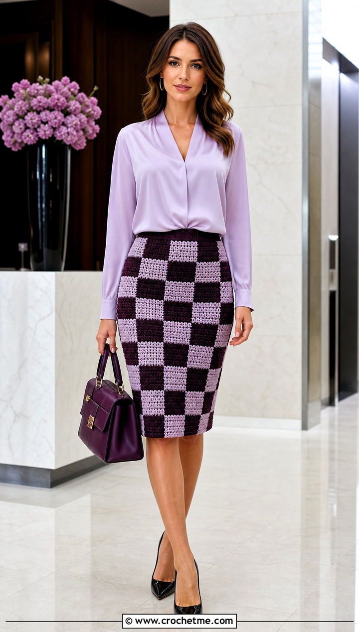 Crochet Checkered Pencil Skirt With Silk Blouse - 25 crochet checkered skirt outfit ideas