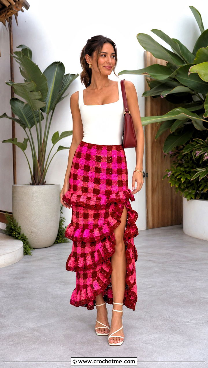 Crochet Checkered Ruffle Skirt With Minimal Bodysuit - 25 crochet checkered skirt outfit ideas